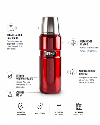 TERMO LIQUIDO ACERO INOX 470ML KING ROJO
