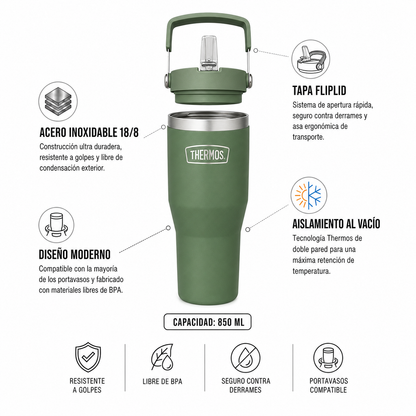 Thermos Travel mug Flip Lid inoxidable Outdo 850 ml – Verde